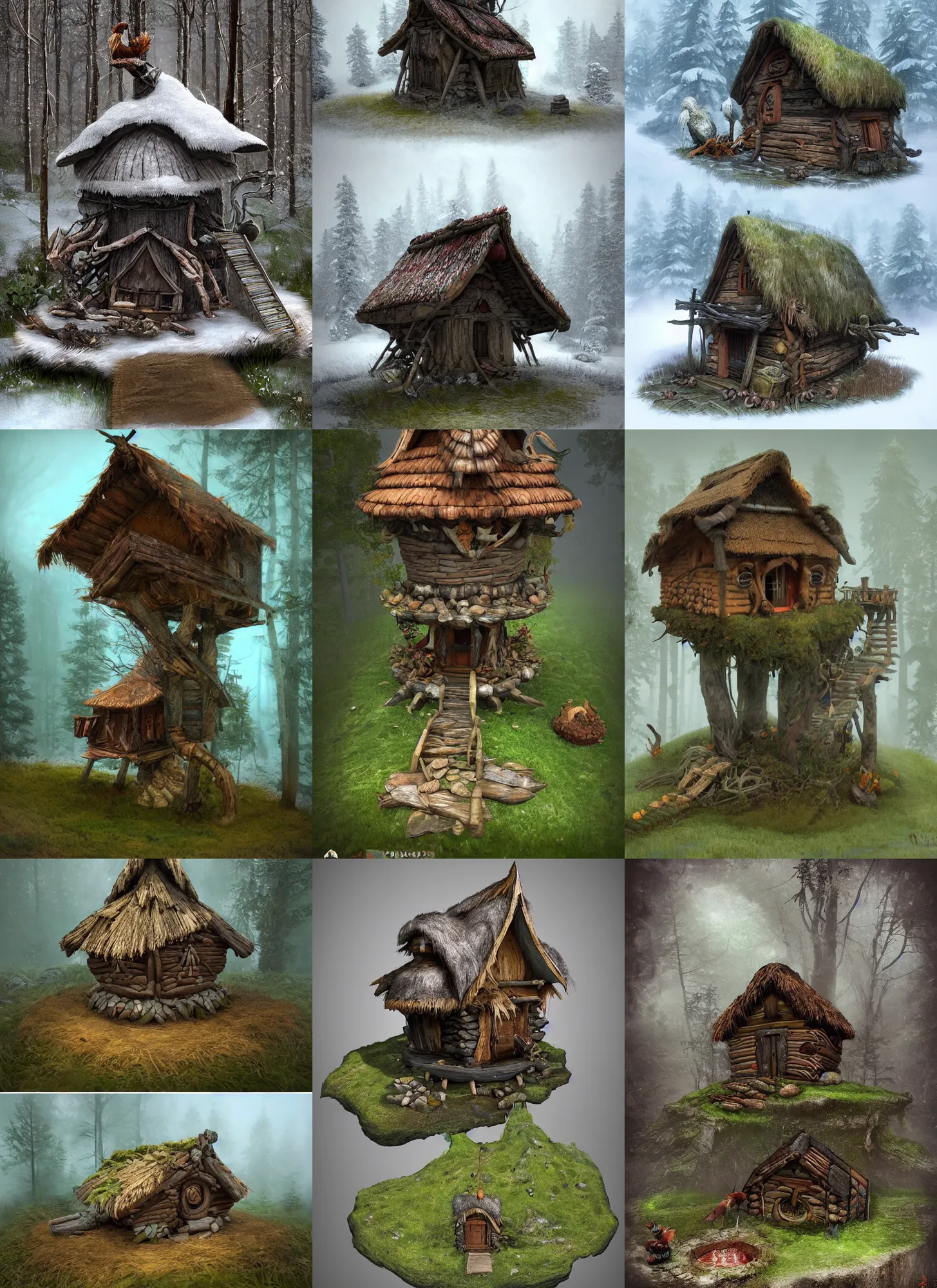 Prompt: hut on chicken legs a fantasy house Proto-Slavic mythology, a forest hut on chicken legs, where there are no windows or doors Houses with blank walls and an entrance through a hatch in the floor, a house raised 2-3 meters above the ground, Baba Yaga, full body, detailed and realistic, 4k, top-artstation, inspired blizzard games, octane render