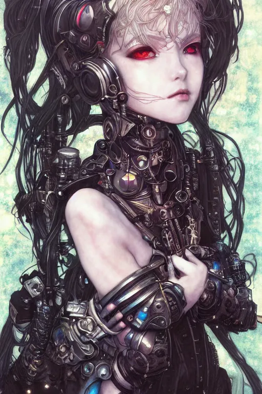 Image similar to portrait of beautiful young gothic maiden, cyberpunk, Warhammer, highly detailed, artstation, illustration, art by Gustav Klimt and Range Murata, cute anime face