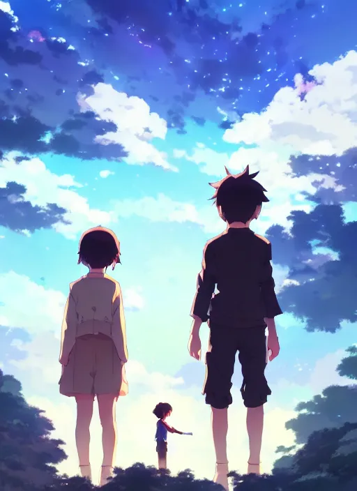 Image similar to boy and a girl in jk, standing back to back in under sky, small fire flames, illustration concept art anime key visual trending pixiv fanbox by wlop and greg rutkowski and makoto shinkai and studio ghibli