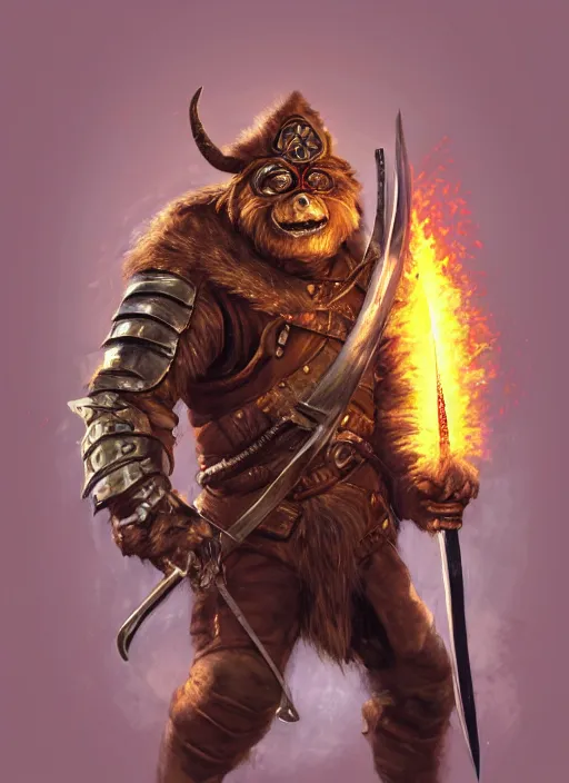 Image similar to photorealistic bugbear ranger holding sword on fire, magic, black beard, dungeons and dragons, pathfinder, roleplaying game art, hunters gear, jeweled ornate leather and steel armour, concept art, character design on white background, by sargent, norman rockwell, makoto shinkai, kim jung giu, artstation trending, poster art, colours red