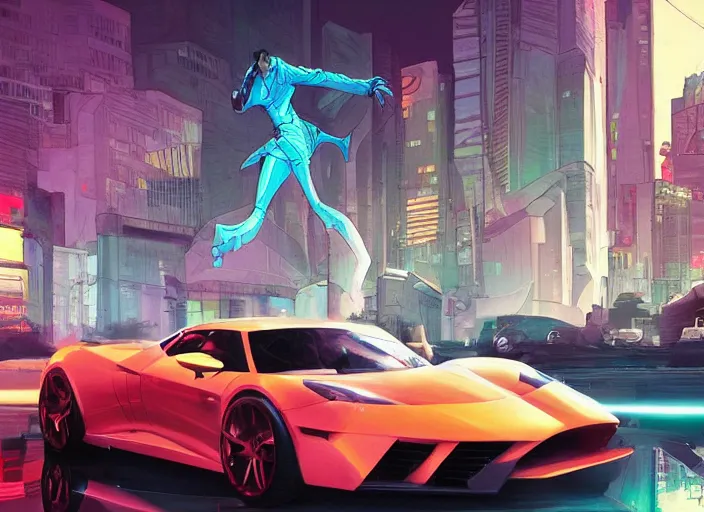 Image similar to a sport car in a city. sharp focus, cinematic pose, cinematic lighting, unreal engine render. art by josan gonzales and moebius and deathburger.