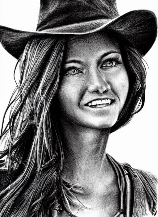 Image similar to 2 0 7 7 s style full body detailed pencil drawing of a cowgirl beautiful face, realistic