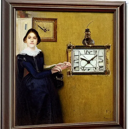 Image similar to young victorian lady curiously examining a mechanical clock, painted by alfred stevens