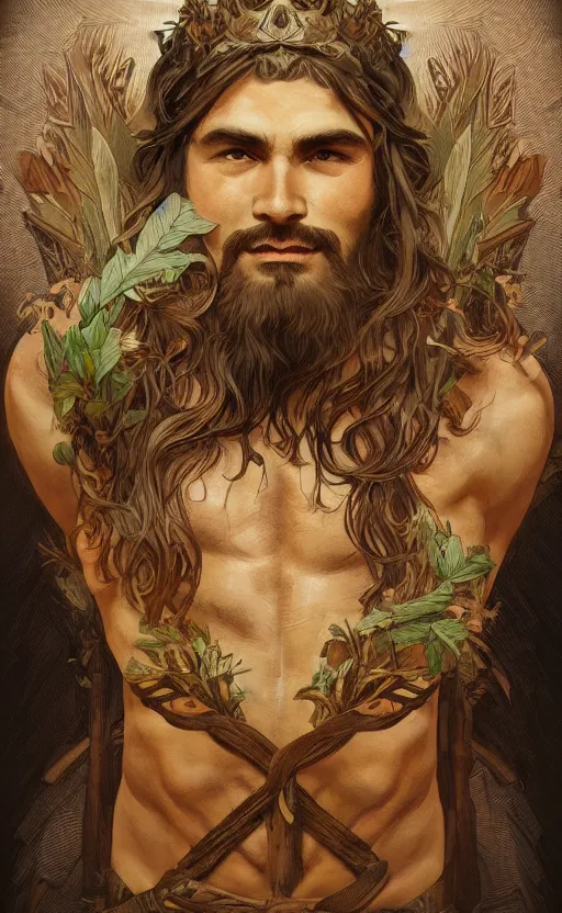 Image similar to god of the forest, 30 years old, rugged, male, gorgeous gorgeous gorgeous, detailed face face face face, amazing, thighs thighs thighs thighs, muscular, intricate, highly detailed, digital painting, artstation, concept art, sharp focus, illustration, by alphonse mucha
