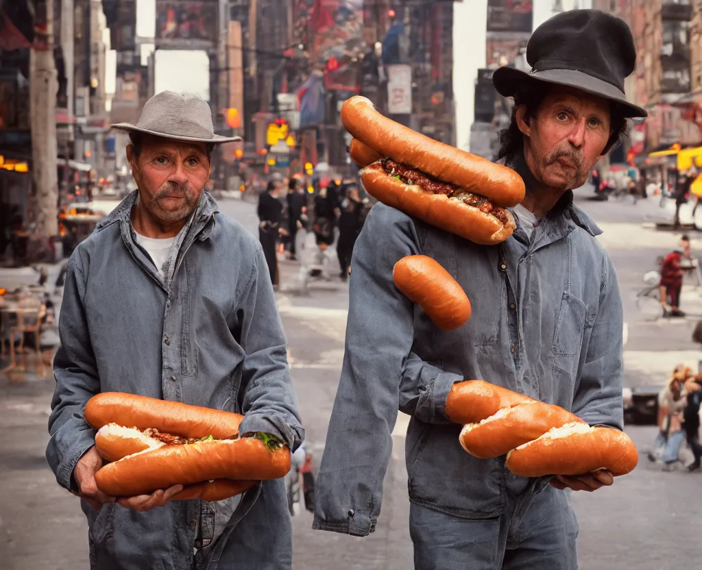 Image similar to closeup portrait of a man carrying a giant hotdog, smoky new york back street, by Annie Leibovitz and Steve McCurry, natural light, detailed face, CANON Eos C300, ƒ1.8, 35mm, 8K, medium-format print