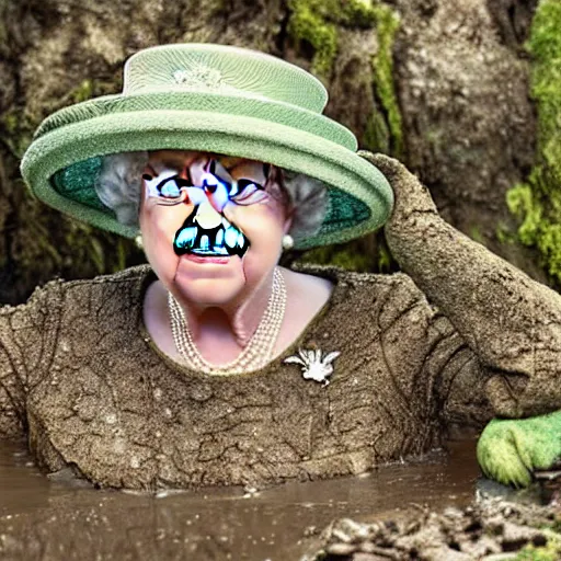 Image similar to queen elizabeth taking a mud bath in shreks swamp, professional photograph, highly detailed,