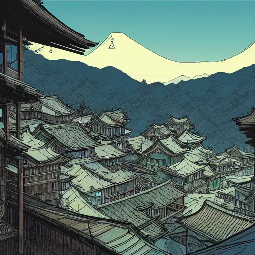 Prompt: a powerful japanese village high in mountains, concept artby moebius and laurie greasley, fantastic landscape, 8 k, cinematic color grading