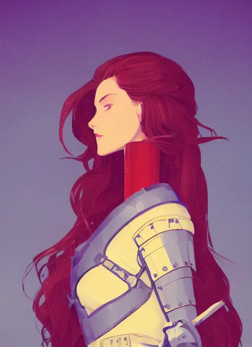 Image similar to a young woman in full plate armor with beautiful hair and red lips on a horse. she is a knight. clean cel shaded vector art. shutterstock. behance hd by lois van baarle, artgerm, helen huang, by makoto shinkai and ilya kuvshinov, rossdraws, illustration, art by ilya kuvshinov