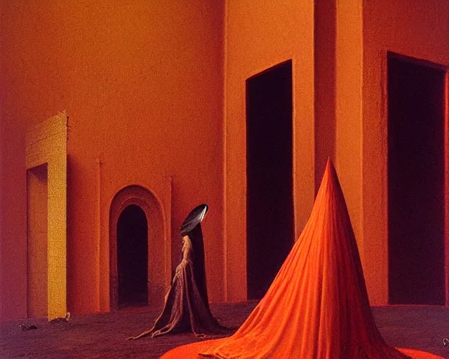 Prompt: devotion to the scarlet woman, priestess in a conical hat, coronation, ritual, sacrament, by francis bacon, beksinski, mystical redscale photography evocative.