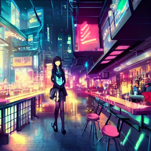 Image similar to Cinematography, anime girl in a bar, cyberpunk city, hyper detailed, 4k