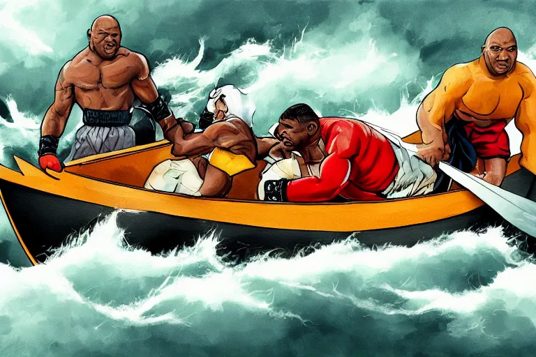 Prompt: Mike Tyson And Rocky are sitting in a boat on rough seas, stormy weather, award winning illustration, trending on artstation