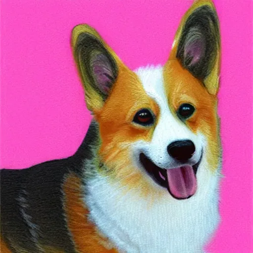 Image similar to happy corgi, pastel pink background, art by typh