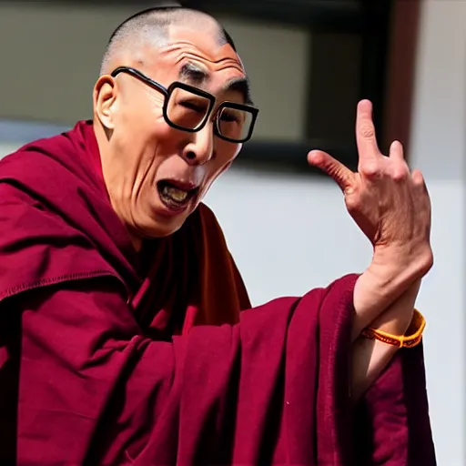 Image similar to furious screaming dalai lama punches the camera
