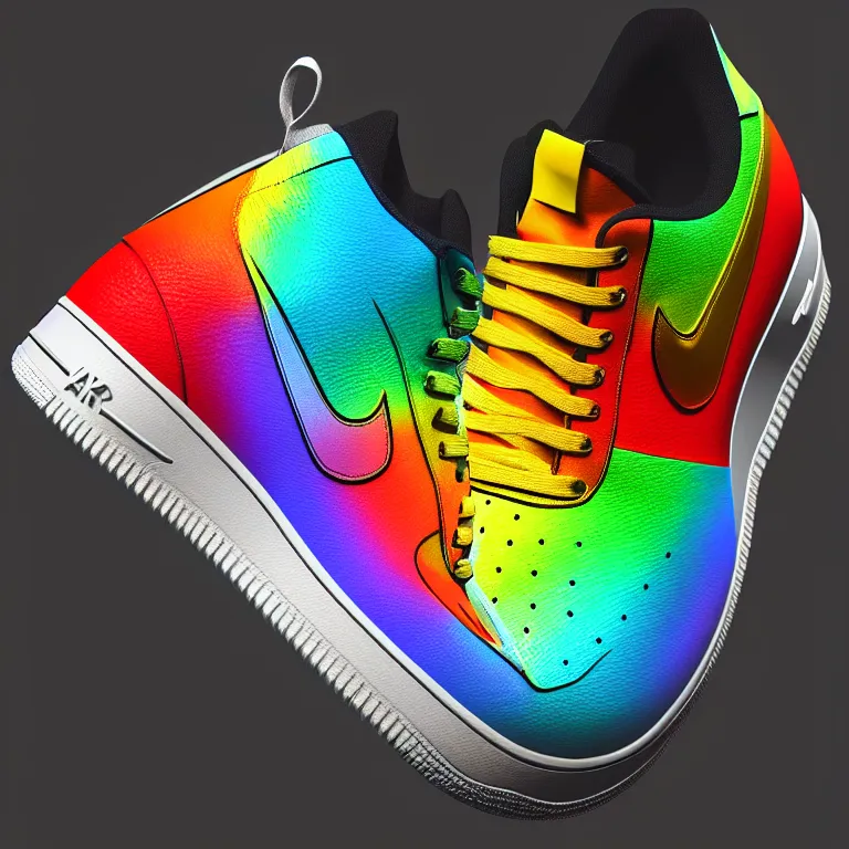 Image similar to photography of a realistic rainbow color air force sneaker, ultra detailed, 8 k, black background, trending on artstation