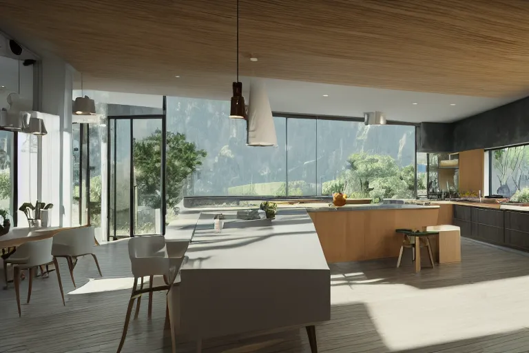 Prompt: solarpunk modern kitchen in a mountain mansion, liminal space, high detail, rendered in unreal engine, 3d render, god rays, volumetric lighting, HDR, subsurface scatter, mansion, interior, large windows, rich house