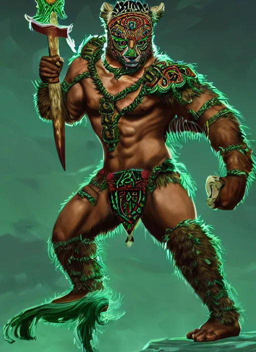 Image similar to a highly detailed illustration of fierce young aztec jaguar warrior boy wearing green jaguar mane, heroic roaring wielding aztec sword pose, muscular, intricate, elegant, highly detailed, centered, digital painting, artstation, concept art, smooth, sharp focus, league of legends concept art, wlop