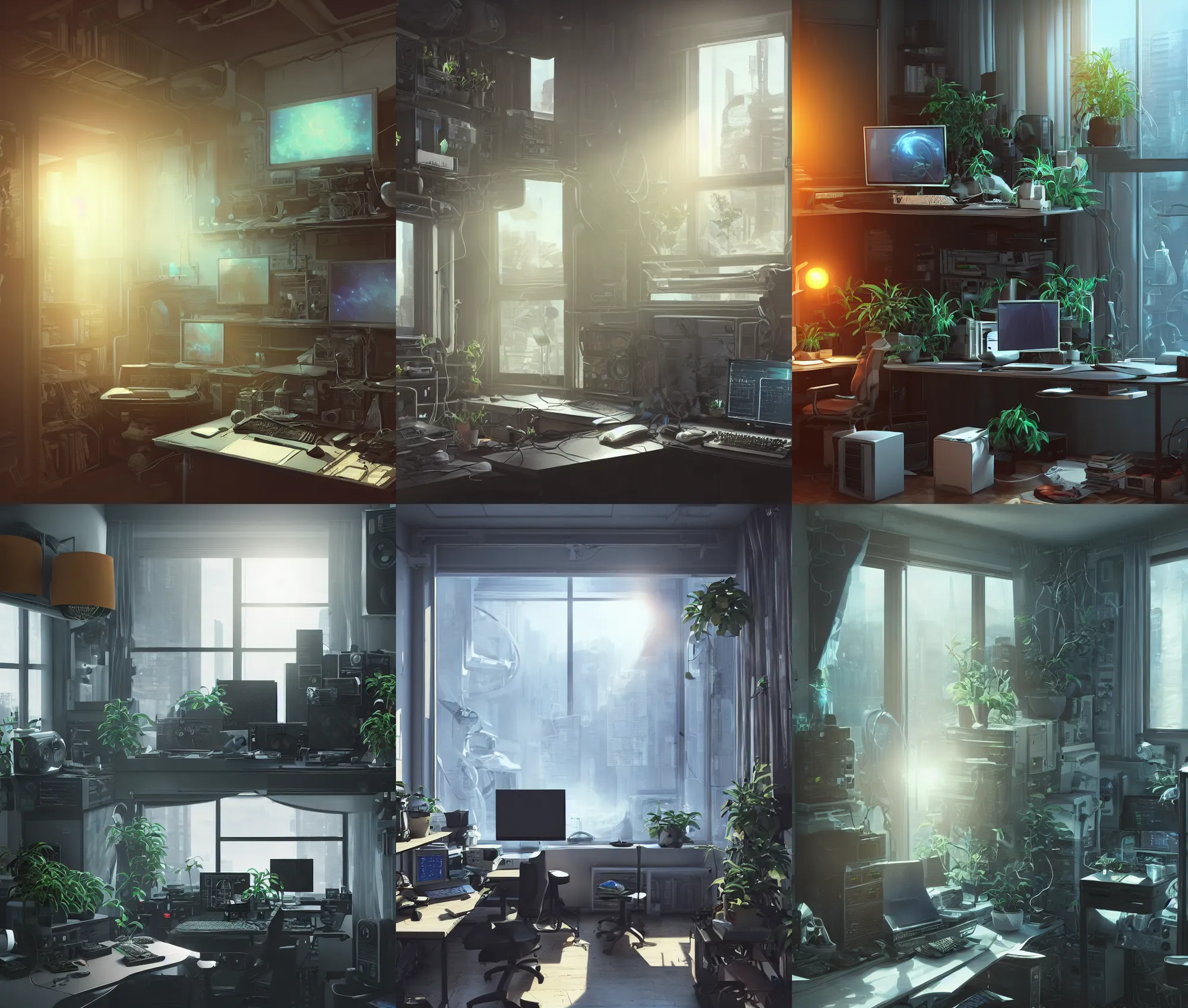 Image similar to detailed scifi artstation scene of a complex computer workstation in a small studio apartment room, a potted plant, many monitors, many electronics, a window view, window curtain, maximalism, volumetric light, sunny amber morning light, sun beam, atmospheric haze, unreal engine, hyperrealism, realistic shading, blender render, photorealistic, wide shot