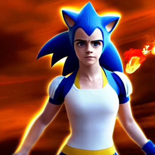 Prompt: Emma Watson wears Sonic the Hedgehog costume, film promotional still, CGI, lens flares, cinematic, michael bay, dramatic lighting, explosions, 4k