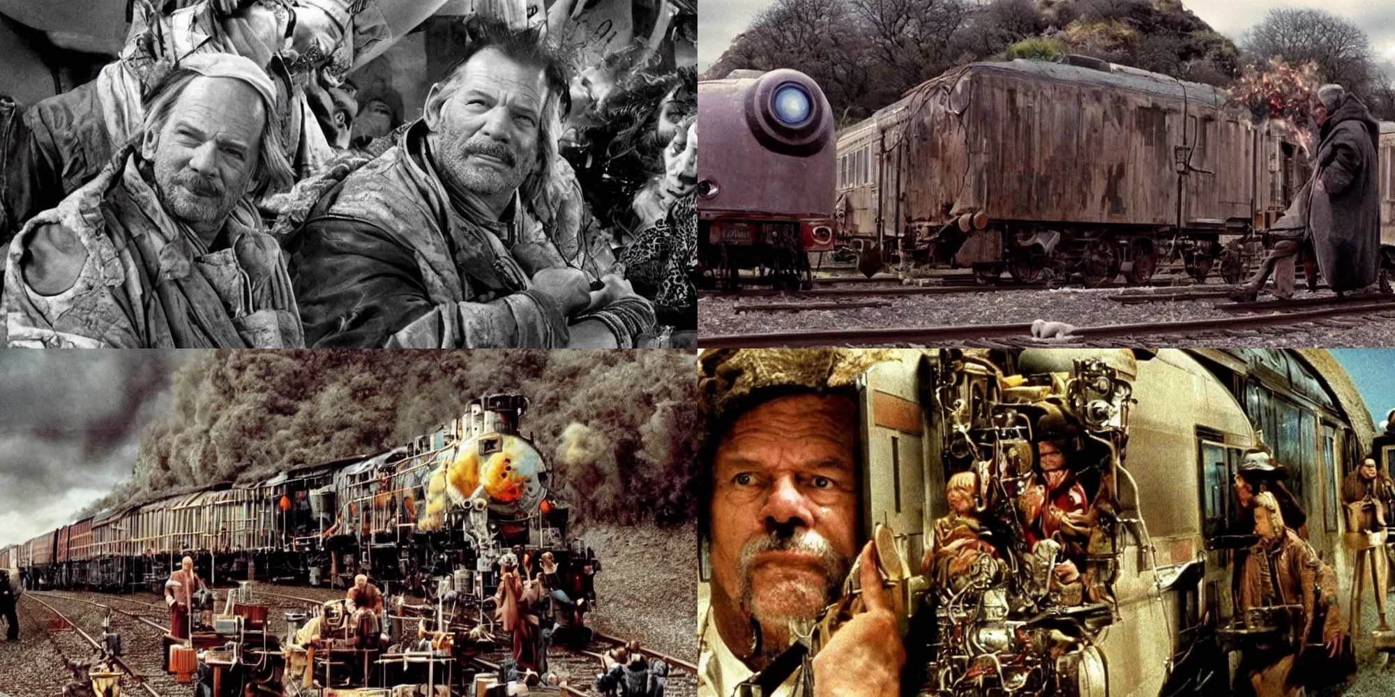 Prompt: cinematic scene, a movie titled \'the gods take a train across the earth\' directed by terry gilliam