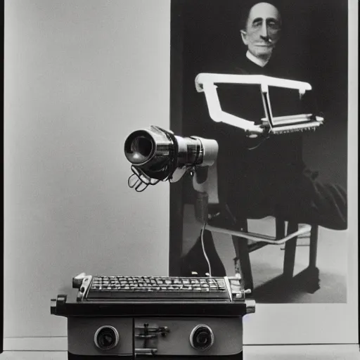 Image similar to Kodachrome photo of Marcel Duchamp with an ancient machine, archival pigment print in the style of Hito Steyerl, studio shooting, contemporary art