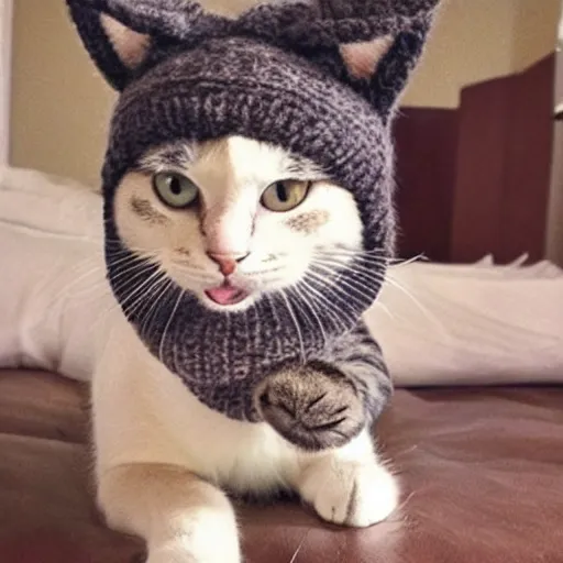 Image similar to cute cat photo licking tongue sticking out, wearing wool hat cat ears