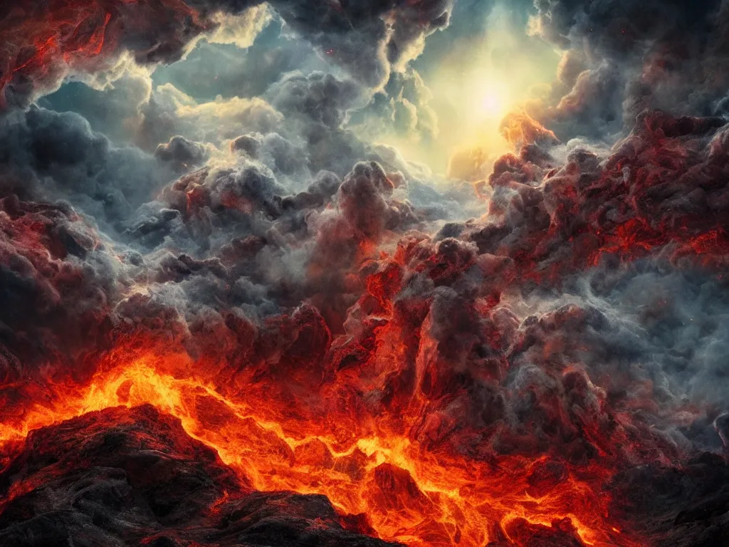 Image similar to An epic cosmic horror atop a fiery mountain, dark, red lightning, 8K High Definition