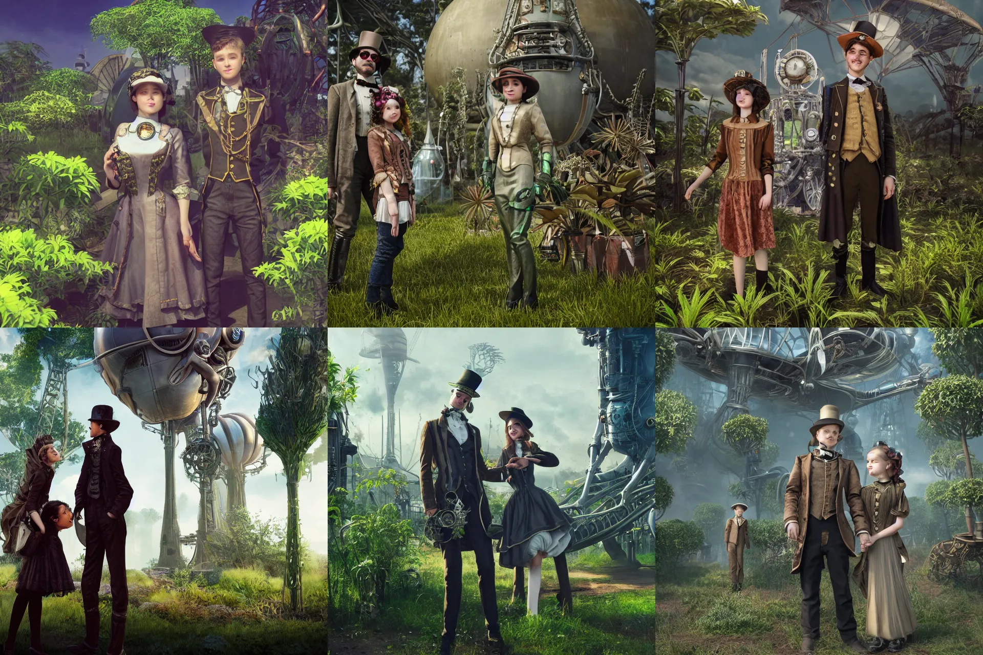 Prompt: in a steampunk world, a girl and a boy standing next to some alien plants, looking happy, wearing victorian clothes, in front of their space ship, in a park on a alien planet, ultra realistic facial details, enhanced faces, nice clear faces, ultra photorealistic raytracing, trending on artstation, 8k