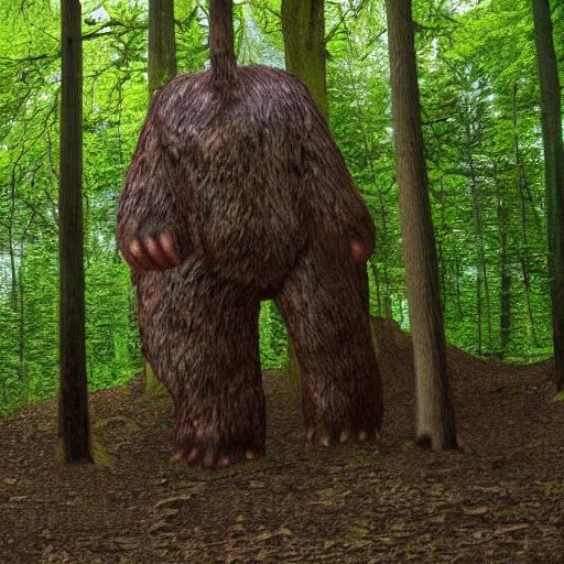 Prompt: large creature in the woods, hiding behind trees.