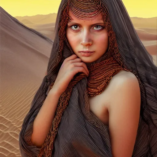 Image similar to a detailed portrait of a girl in the desert, art illustration, incredibly highly detailed and realistic, 8 k, sharp focus