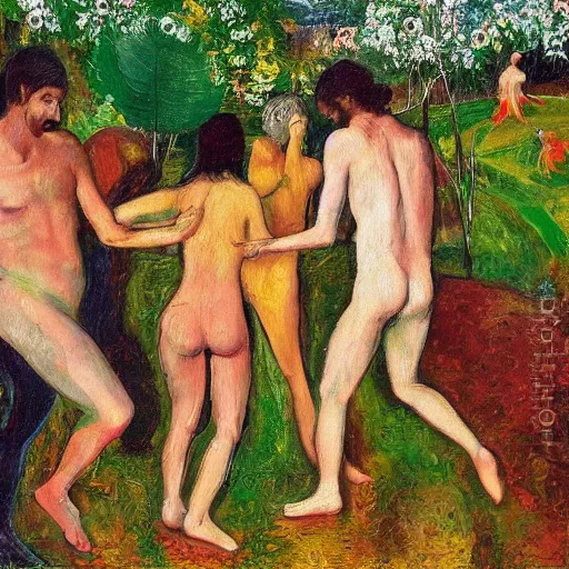 Image similar to 4 peoples dancing in the garden of eden, happy, painted by Asger Jorn, Peter Doig, minimalist oil paint with thick brushstrokes of paint, ultra detailed, realistic, 8k