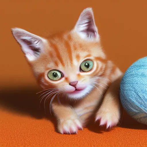 Image similar to orange tabby kitten playing with a ball of yarn, octane render, 4 k