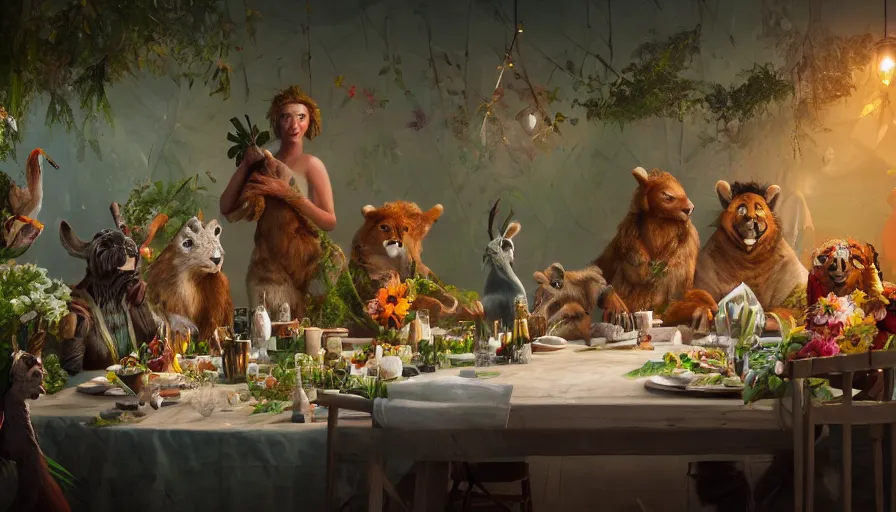 Image similar to a table dinner of exotic animals where animals are dressed like the characters from the midsommar movie wearing flowers, realistic detailed digital art by maxwell boas jessica rossier christian dimitrov anton fadeev trending on artstation cgsociety rendered in unreal engine 4 k hq