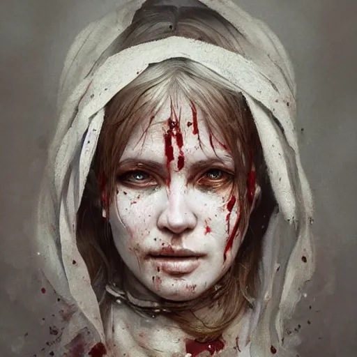 Prompt: portrait painting of a bloodied north russian female butcher, ultra realistic, concept art, intricate details, eerie, highly detailed, photorealistic, octane render, 8 k, unreal engine. art by artgerm and greg rutkowski and alphonse mucha