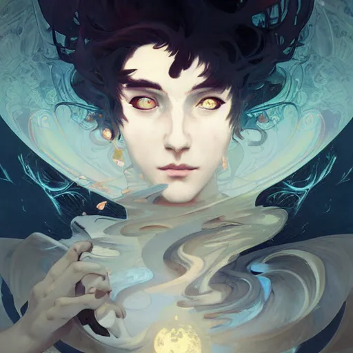 Image similar to breathtaking, art by peter mohrbacher, unreal engine, liquid, art by alphonse mucha, photorealistic dramatic anime boy, by wlop, ugly art, stylized, black background, ufotable art style, glitch art, photorealistic dramatic anime girl