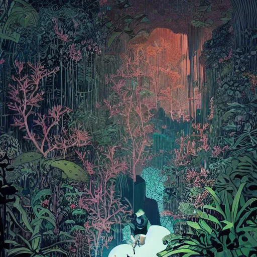 Prompt: the overgrown jungle in a large cave, surreal photography zzz, dramatic light, by victo ngai by james jean, by rossdraws, frank franzzeta, mcbess