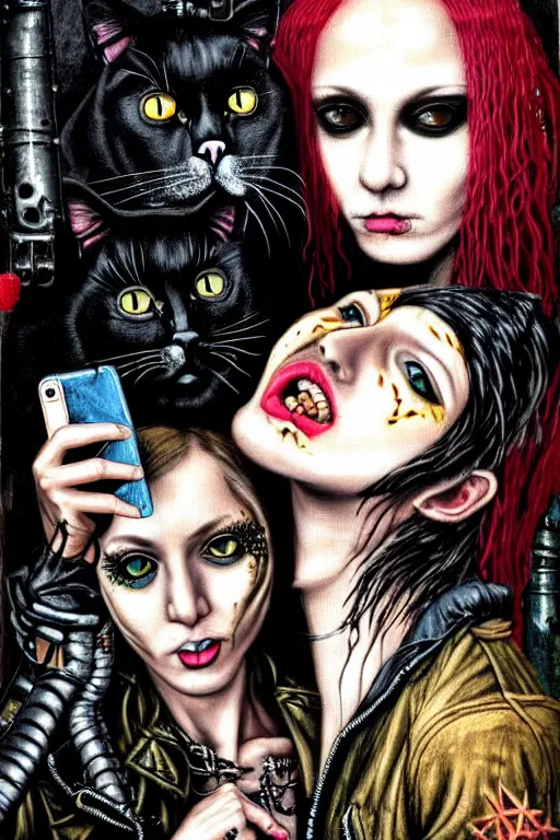 Image similar to punk rock girls kissing and making selfie with black cats in jungle , 1980 style, mad max jacket, post apocalyptic, Cyberpunk, renaissance, Gothic, mystic, highly detailed, digital painting, 4k, fog, oil painting by Leonardo Da Vinci, hyper realistic style, fantasy by Olga Fedorova