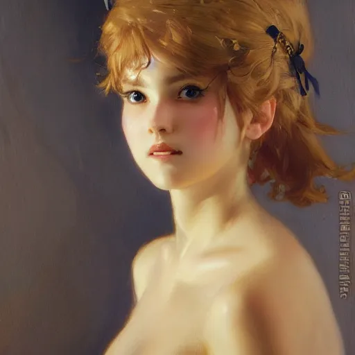 Image similar to a high fashion studio portrait of a cute anime girl, painting by gaston bussiere, craig mullins, j. c. leyendecker