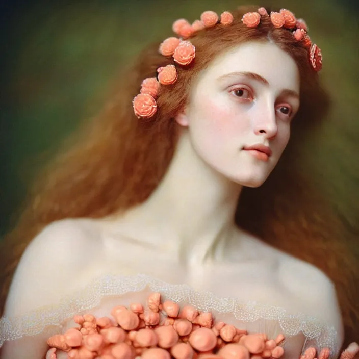 Image similar to Kodak Portra 400, 8K, soft light, volumetric lighting, highly detailed, britt marling style 3/4 ,portrait photo of a beautiful woman how pre-Raphaelites painter, n long elegant intricate ornamental ethereal coral and shells dress, natural skin tone, highly detailed realistic flowers ornament in the upper side of breast, bust with a long beautiful neck , long dark hair are intricate with highly detailed realistic coral and shells, elegant, Realistic, Refined, Highly Detailed, natural outdoor soft pastel lighting colors scheme, outdoor fine art photography, Hyper realistic, photo realistic