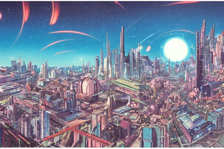 Image similar to 1 9 8 0 s science fiction anime background painting of an alien planet metropolis cityscape