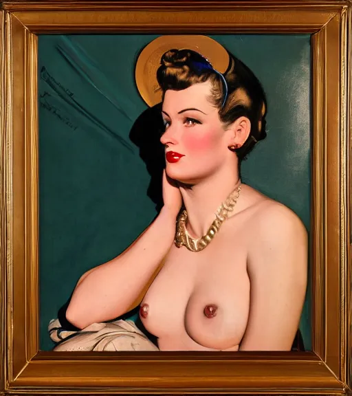 Image similar to j. c. leyendecker portrait painting of an 1 9 5 0's pinup woman, direct flash photography at night, film grain