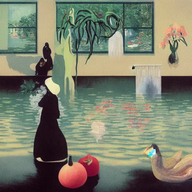 Image similar to painting of flood waters inside an apartment, sensual female emo art student, a river flooding indoors, pomegranates, pigs, ikebana, water, octopus, river, rapids, waterfall, black swans, canoe, berries, acrylic on canvas, surrealist, by magritte and monet