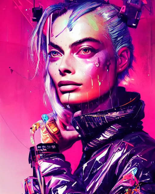 Image similar to neon operator margot robbie, cyberpunk futuristic neon, reflective puffy coat, decorated with traditional japanese ornaments by ismail inceoglu dragan bibin hans thoma greg rutkowski alexandros pyromallis nekro rene maritte illustrated, perfect face, fine details, realistic shaded, fine - face, pretty face