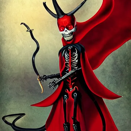 Image similar to by keith mallett, by aleksi briclot poloroid playful. a beautiful photograph of a horned, red - eyed, skeleton - like creature, with a long black cape, & a staff with a snake wrapped around it, standing in front of a castle atop a cliff.