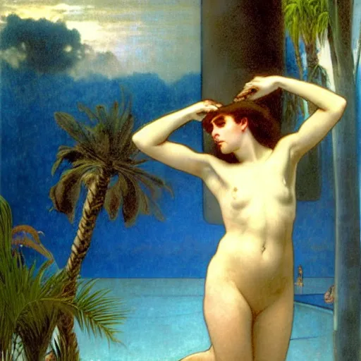 Image similar to Demon girl at the giant column, thunderstorm, greek pool, beach and palm trees on the background major arcana sky, by paul delaroche, alphonse mucha and arnold böcklin arnold böcklin hyperrealistic 8k, very detailed