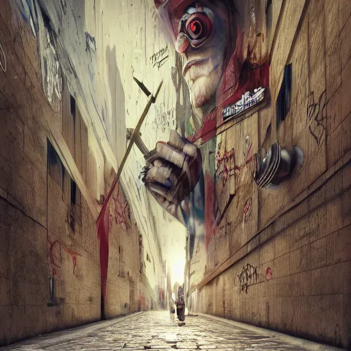 Image similar to that moment when you realize grafitti and almonds are hard words to spell, by cameron gray, wlop, stanley kubrick, masamune, unique perspective, epic, trending on artstation, photorealistic, 3 d render, vivid