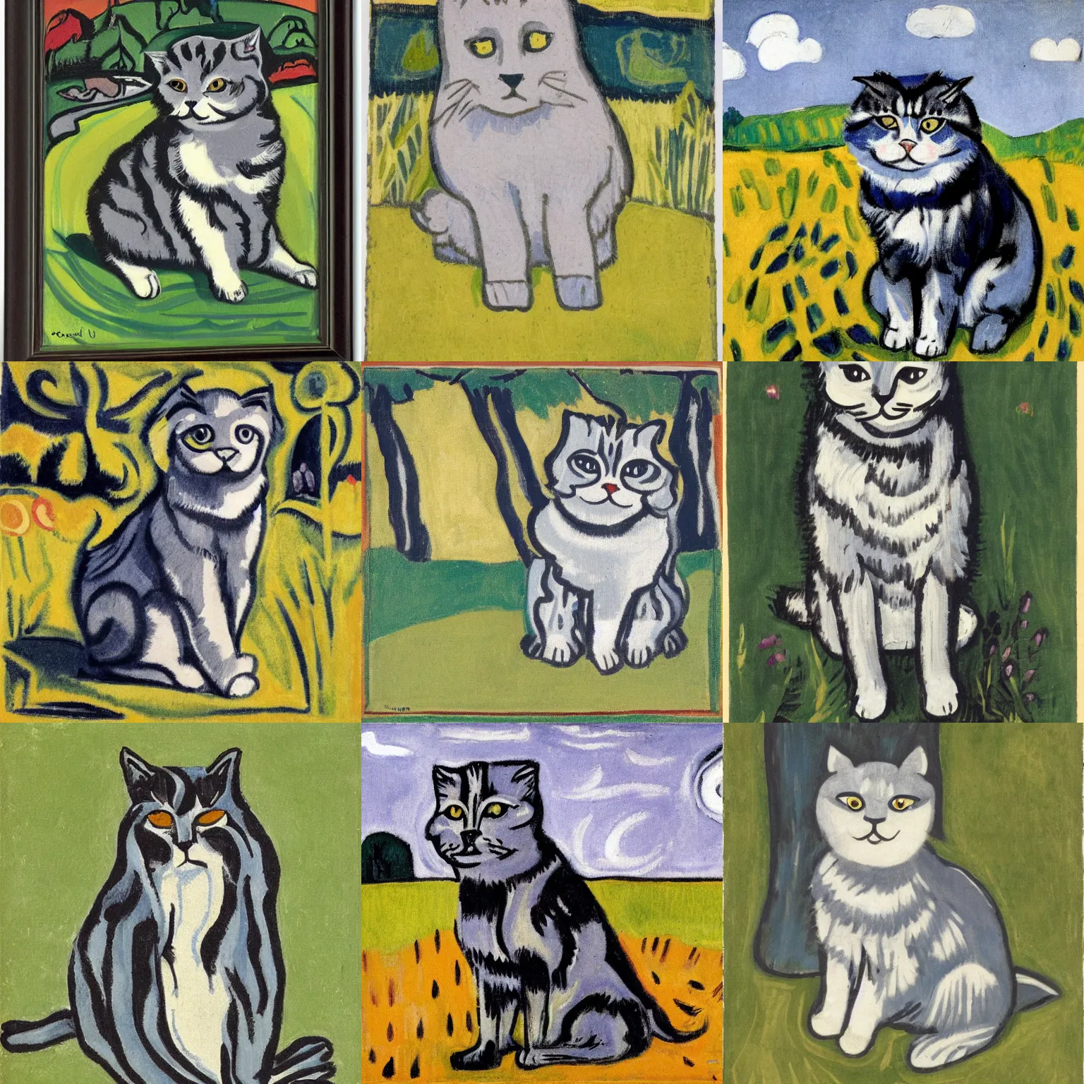 Image similar to a gray scottish fold sitting in the middle of sunny meadow, by ernst ludwig kirchner