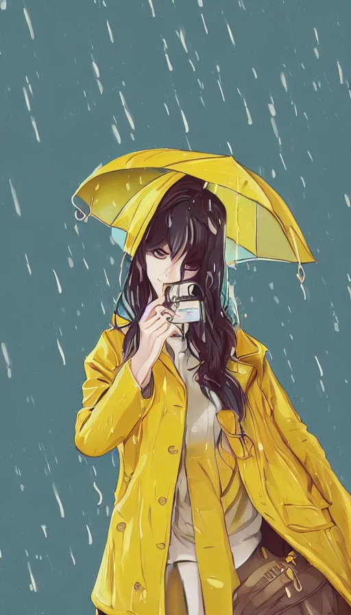 Image similar to girl in a yellow coat standing in the rain holding a small pocket watch, thick outlines, bright colors, digital art, hard edges, detailed, anime style, dynamic pose, character design, fisheye perspective, high angle, art by sora kim, rinotuna, ilya kuvshinov