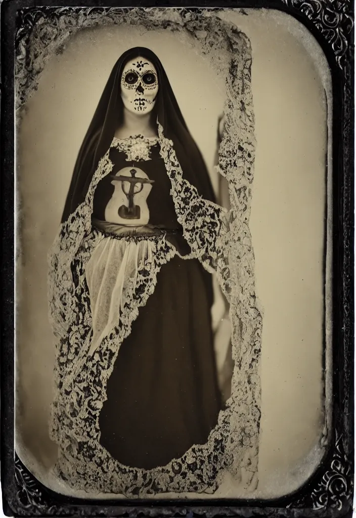 Prompt: tintype, glass plate negative, full body view, one woman, virgin mary, dia de muertos dress and make up