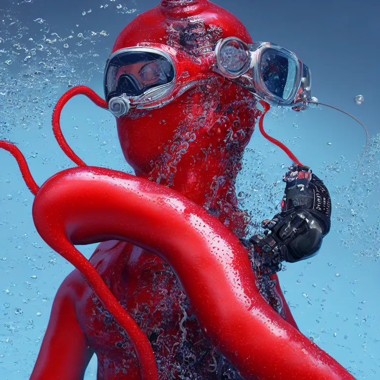 Image similar to octane render portrait by wayne barlow and carlo crivelli and glenn fabry, subject is a diver in a wet suit with goggles with giant long red tentacles coming out of their mouth, cinema 4 d, ray traced lighting, very short depth of field, bokeh