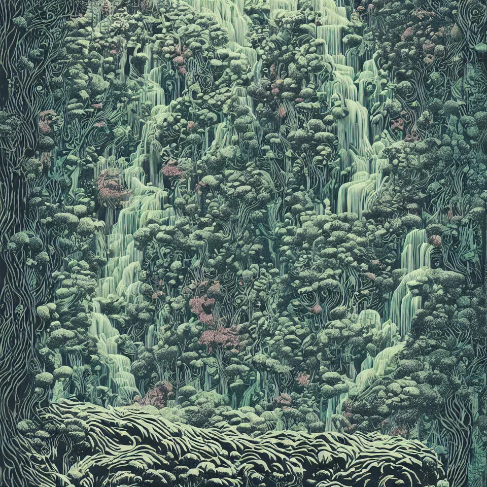 Prompt: linocut print of fantasy forest, amazing art, highly detailed, waterfall, color, masterpiece, by victo ngai, craig mullins